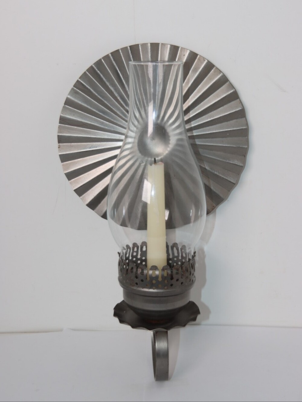 14" Metal Wall Sconce Candle Holder in Silver with Glass Chimney